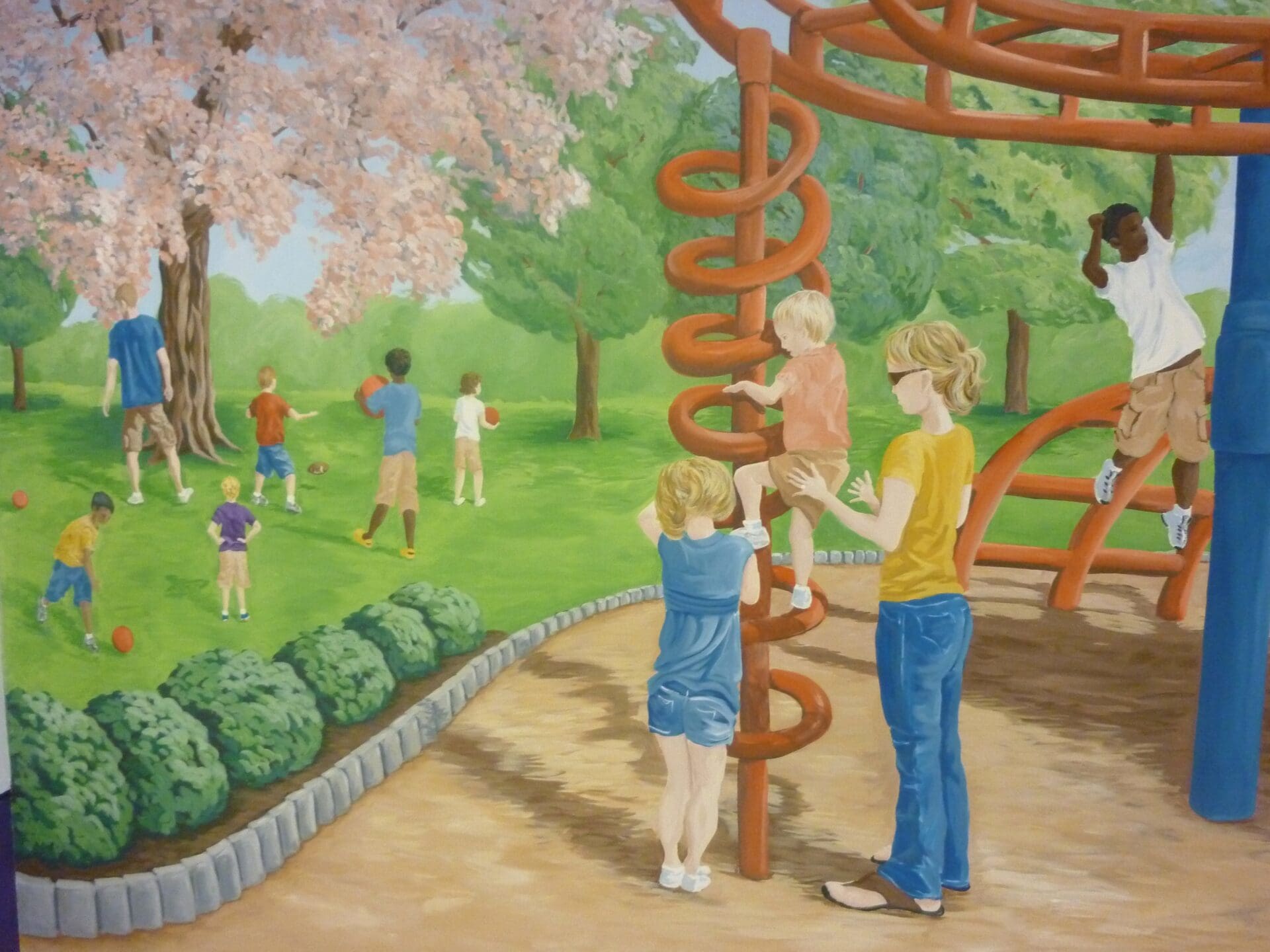 A Life Size Mural of a Playground With Kids Playing