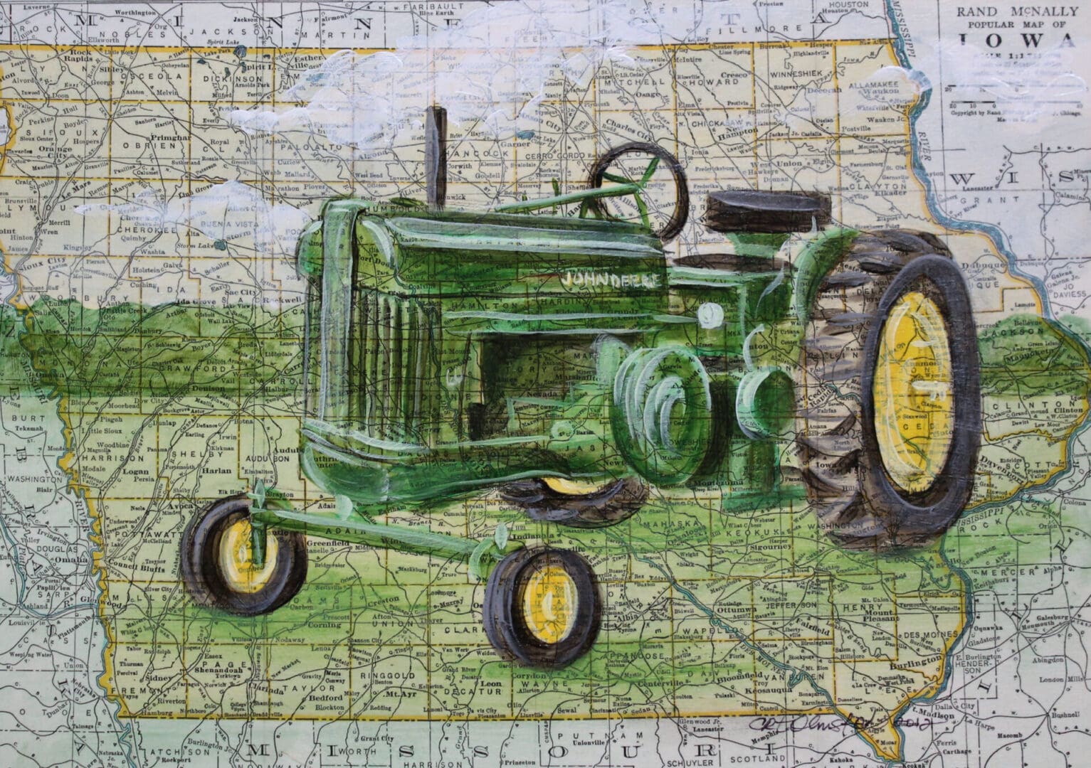 1950s John Deere on a map of Iowa